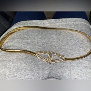 Gold Stretch Belt with Rhinestone Bling Triangle Buckle Art Deco Style Prong Set